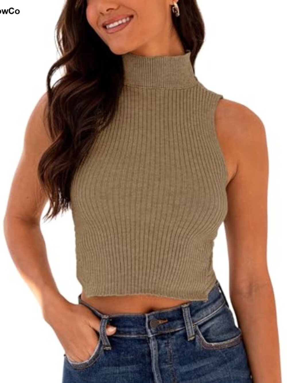 Women's Mock Neck Ribbed Knit Sweater Vest Sleeveless Crossback Crop Tank Top